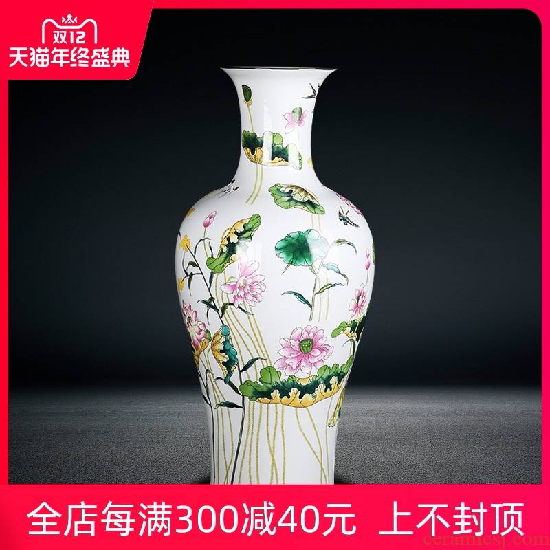 Jingdezhen ceramics vase high furnishing articles sitting room of Chinese style household decorates porch lotus fish landing big vase