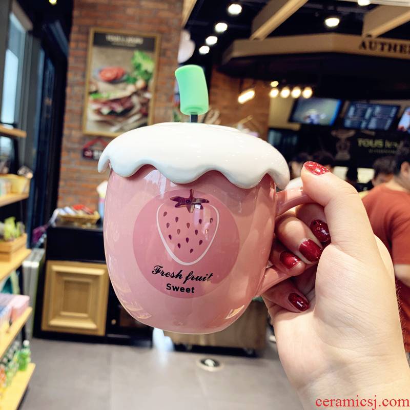 Han edition of creative move cartoon strawberry pot - bellied glass ceramic cup with cover keller spoon soft sister lovely female students