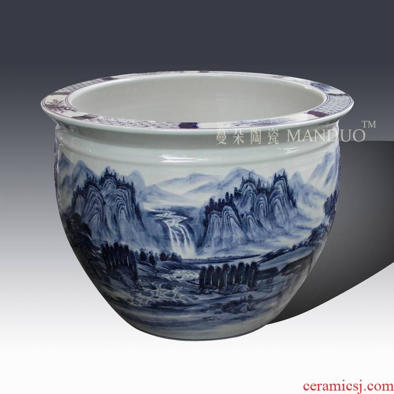 Jingdezhen blue and white landscape artistic conception hand - made ceramic porcelain VAT king fish farming water lily is big