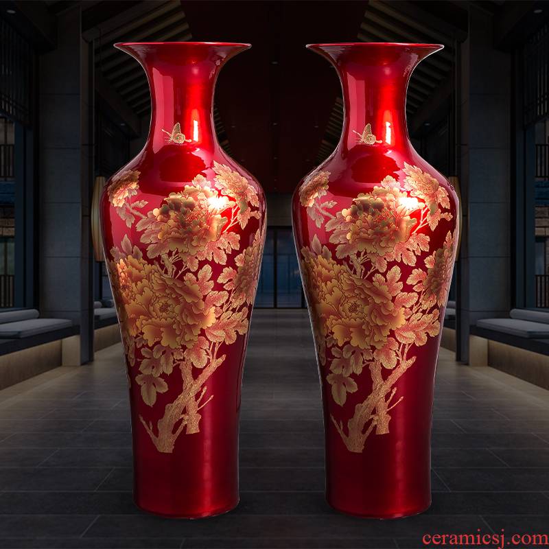 Jingdezhen porcelain ceramic Chinese red ground extra large vases, sitting room hotel decoration of Chinese style household furnishing articles
