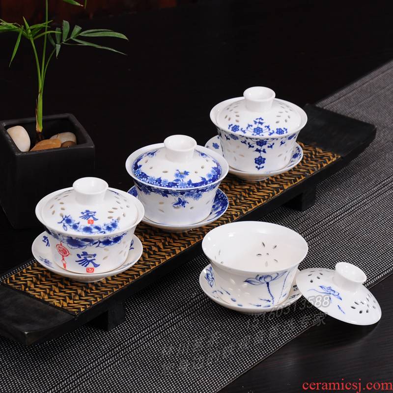 Exquisite blue and white porcelain GaiWanCha ceramics prepared three kung fu tea tea cup to bowl bowl teapot teacup