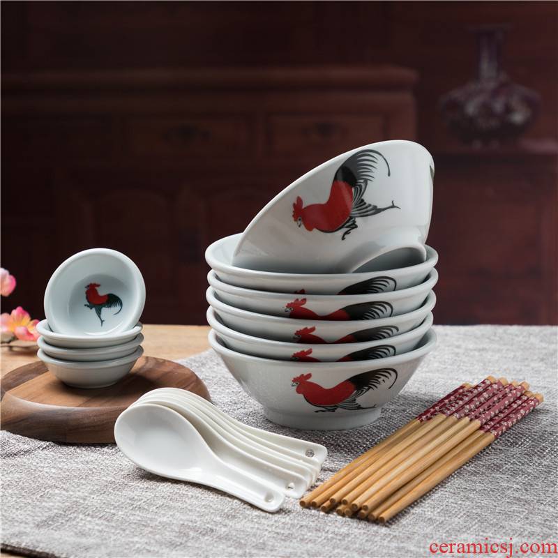 Hong Kong rooster bowl ceramic bowl spoon, nostalgic chicken male bowl bowl spoon, chopsticks tableware plate suit can match the color gift box