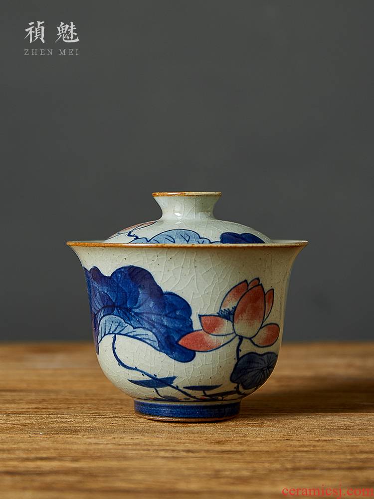 Shot incarnate the ceramics jingdezhen blue and white hand draw three just tureen tea cups kung fu tea tea bowl cover cup