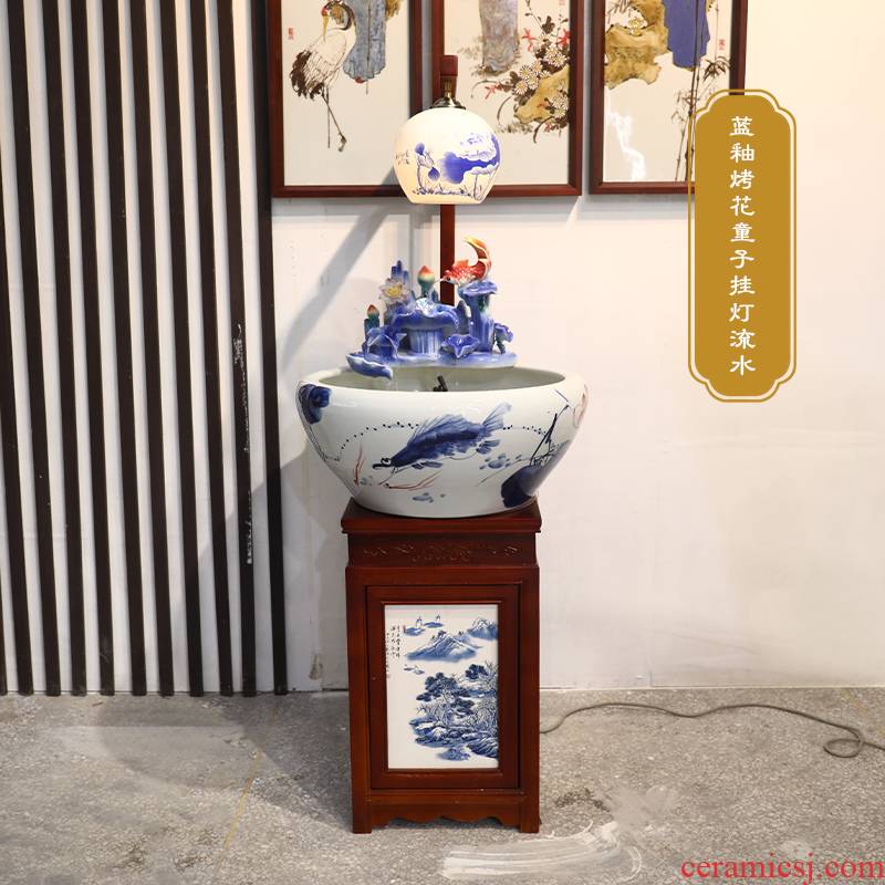 Chinese jingdezhen ceramic filter tank with cabinet aquarium home sitting room circulating water spray raising goldfish bowl