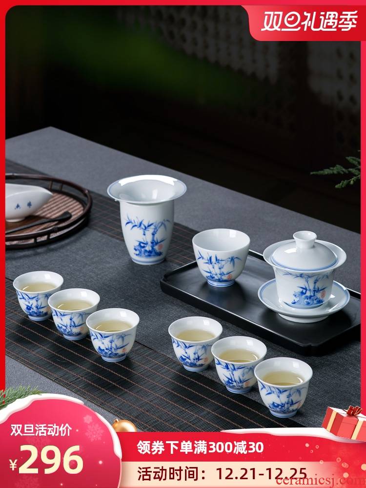 Jingdezhen hand - made ceramic household tea tureen of blue and white porcelain tea set office kung fu tea cups