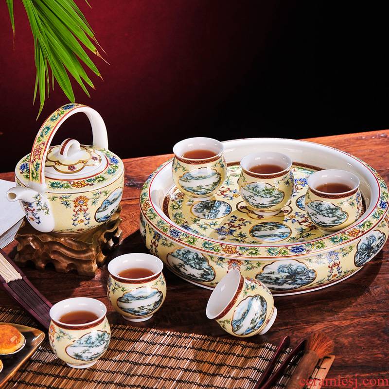 Red xin archaize of jingdezhen ceramics 8 head double tea set colored enamel pot cup tea tray