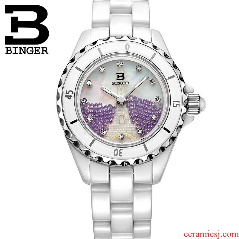 Accusative BINGER watch white ceramic watch diamond, quartz watch is contracted fashion ladies watch watch the Eiffel Tower