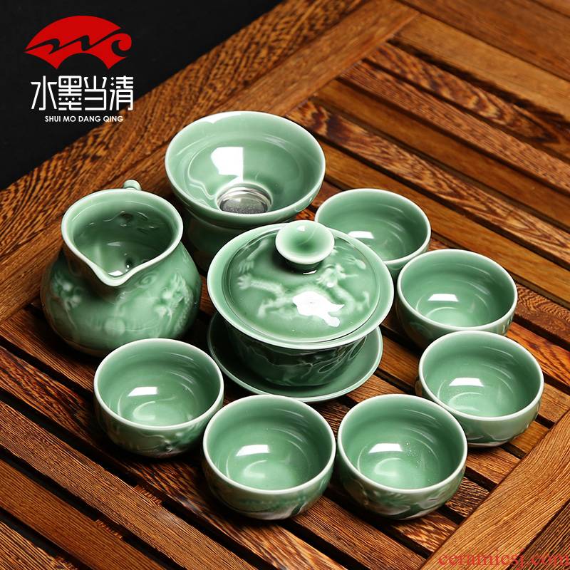 Kung fu tea sets 6 celadon anaglyph ssangyong 's creative ceramic cups tureen household contracted tea art move