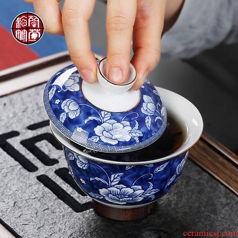 Tureen hand - made cover glass ceramic cup retro blue and white pure manual kung fu 5 tea cup of Chinese tea taking