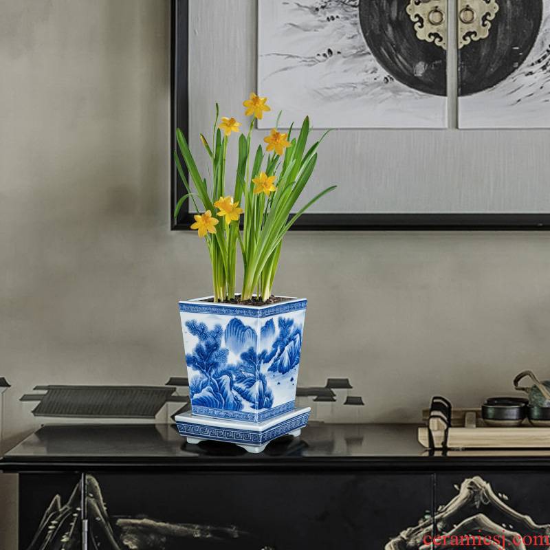 Jingdezhen hand - made corners of blue and white porcelain pot with potted tray orchid Chinese style adornment the plants flower pot