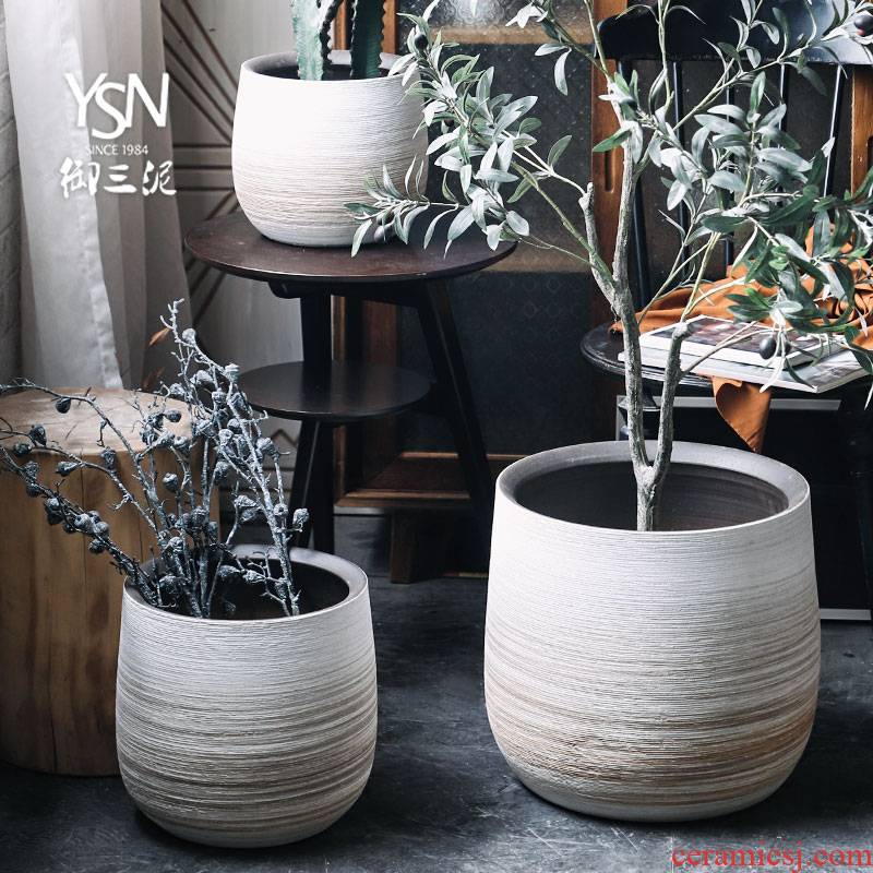 Royal three mud, green plant, vases, flower arrangement sitting room adornment is placed in the Nordic I and contracted ceramic flower pot coarse pottery originality