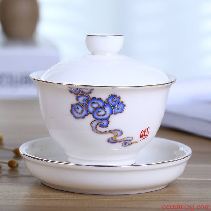 White porcelain tureen jade porcelain kung fu tea set suet jade three ceramic cups to paint three cups to make tea bowl to bowl