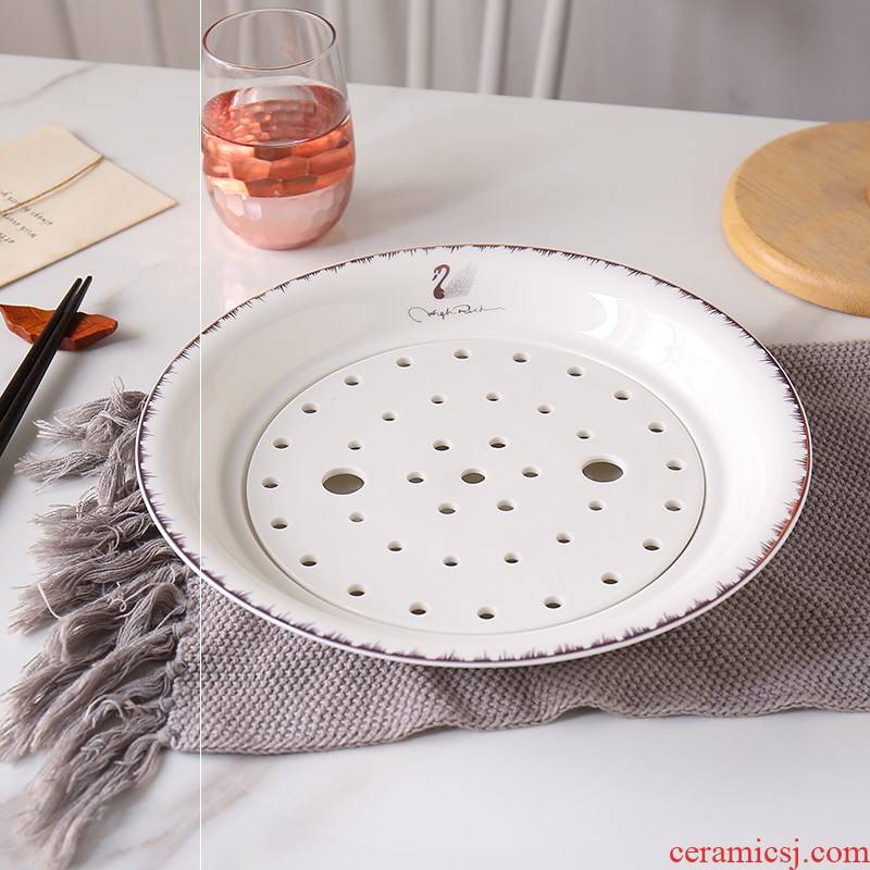 Dumplings plate waterlogging under caused by excessive rainfall large plate tray ceramic Dumplings plate double ipads porcelain household fruit dish plate creative steaming plate
