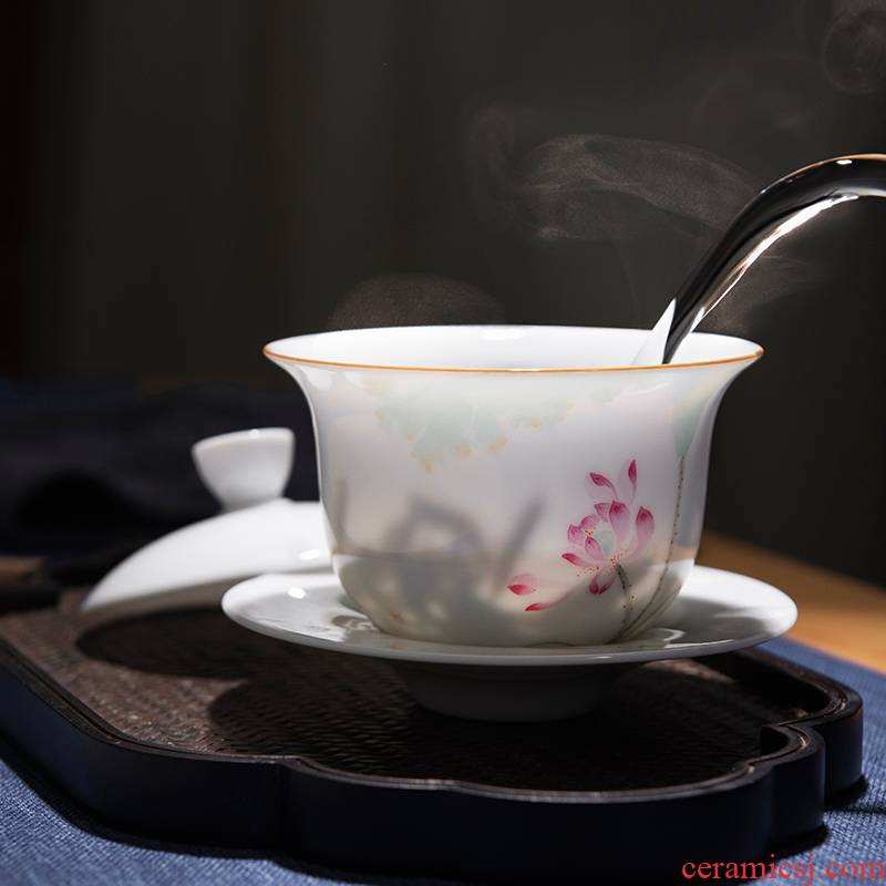 Jingdezhen ceramic sweet white tea set hand - made only three tureen tea cup single them thin body large bowl