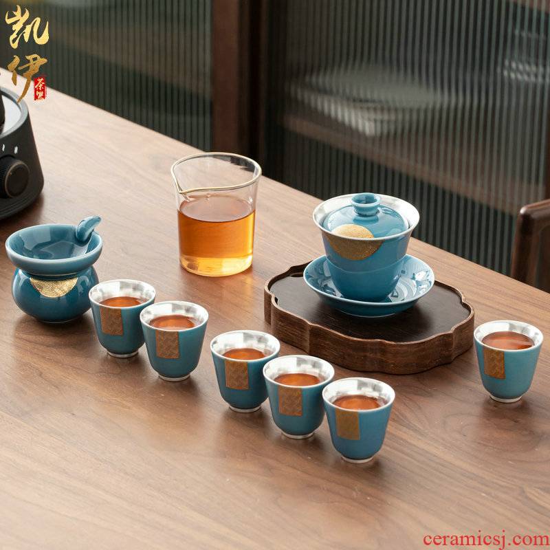 QingFu coppering. As silver tea set three only tureen tea bowl silver cups of tea cups of jingdezhen ceramic a complete set of kung fu tea set