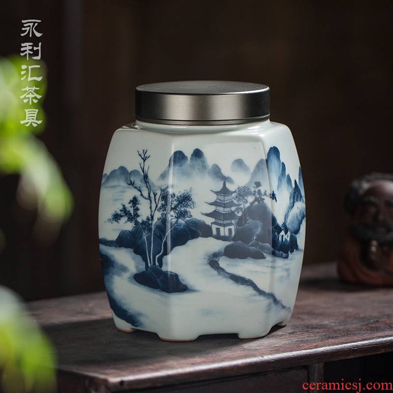 Wynn send blue and white porcelain town store tea jar airtight jar small household light key-2 luxury Chinese wind restoring ancient ways