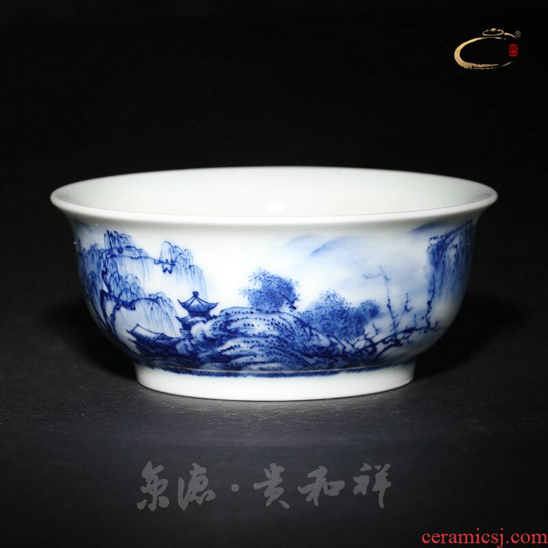 Jingdezhen and auspicious pure manual master cup blue inside and outside color landscape cup cup single CPU hand - made sample tea cup