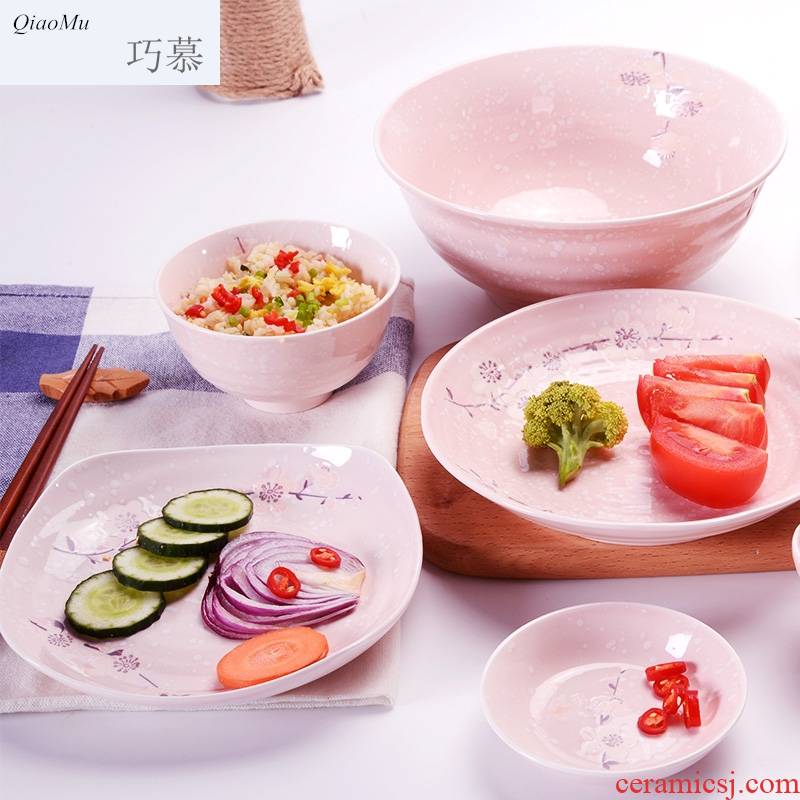 Qiao mu under the glaze color of household ceramic bowl tableware suit Japanese creative microwave bowl dish of rice bowls spoon
