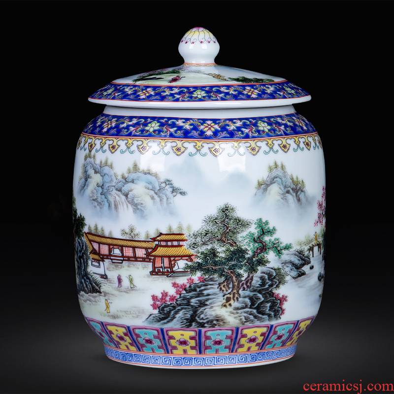 Jingdezhen ceramics Chinese landscape scattered tea storage tanks to live in a small colored enamel is received with cover pot furnishing articles