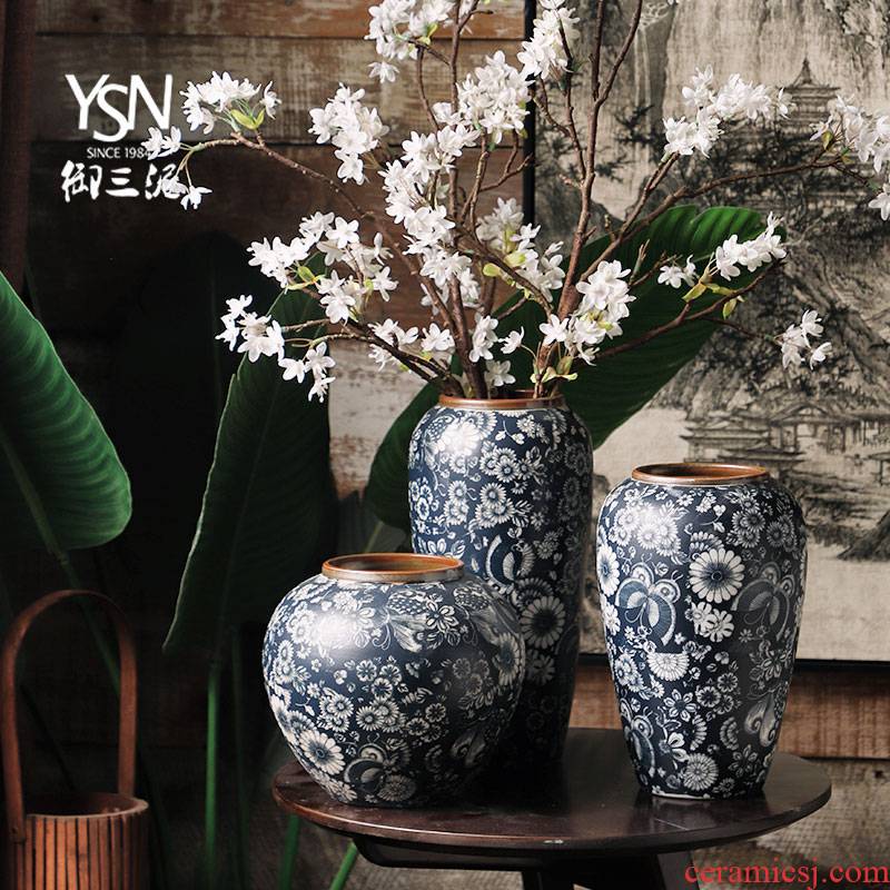 Royal three new Chinese style restoring ancient ways mud mesa blue and white porcelain vase simulation flowers, dried flowers, flower arrangement sitting room adornment furnishing articles