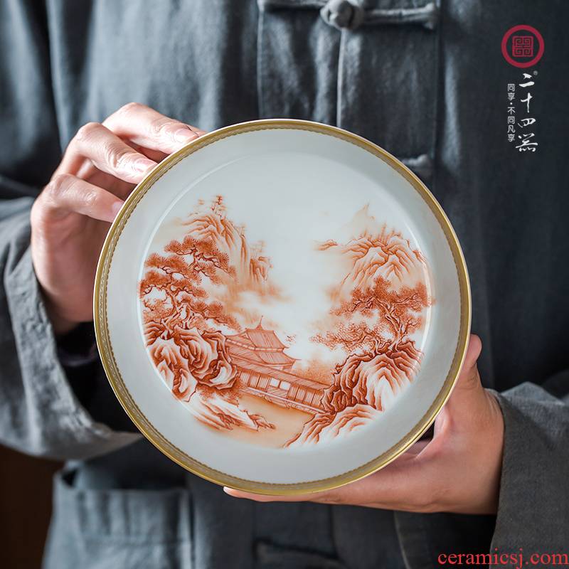 24 is hand - made of alum red landscape saucer pot bearing colored enamel jingdezhen checking ceramic bearing pot of tea