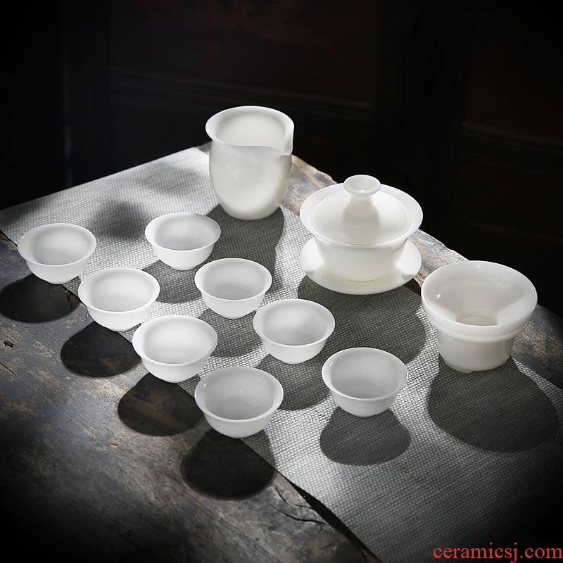 RenXin kung fu tea set manually glaze'm heat ore dehua white porcelain tureen fair keller cup gift boxes
