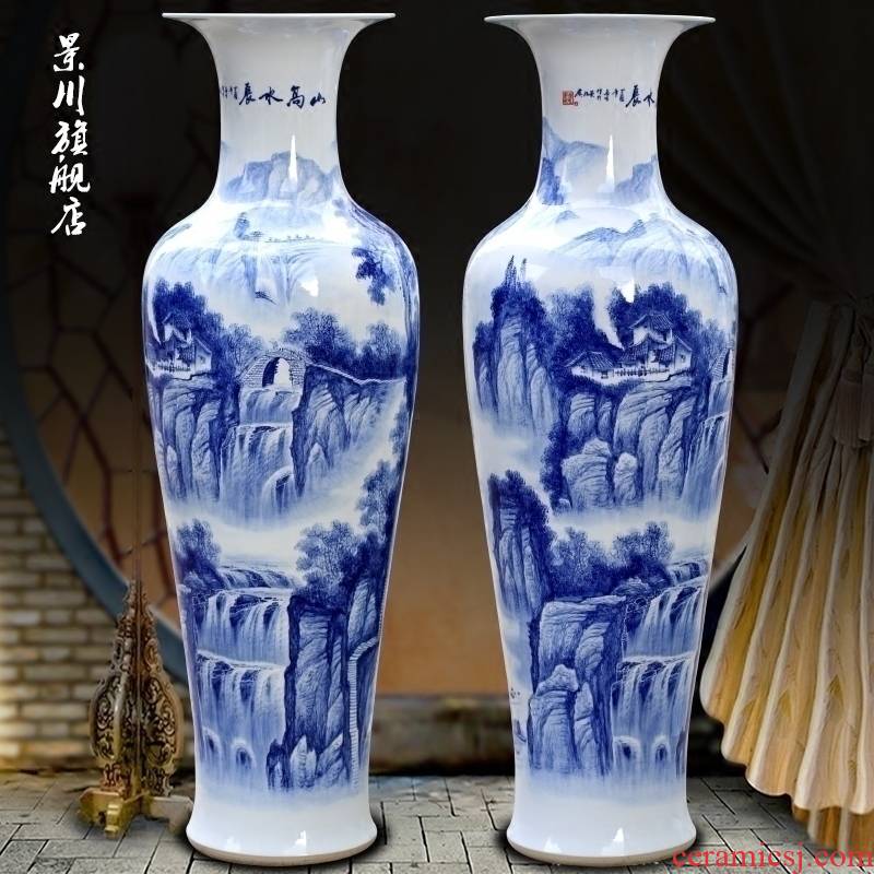 Jingdezhen blue and white porcelain ceramic big vase hand - made mountain high ShuiChangTu furnishing articles sitting room of Chinese style household ornaments