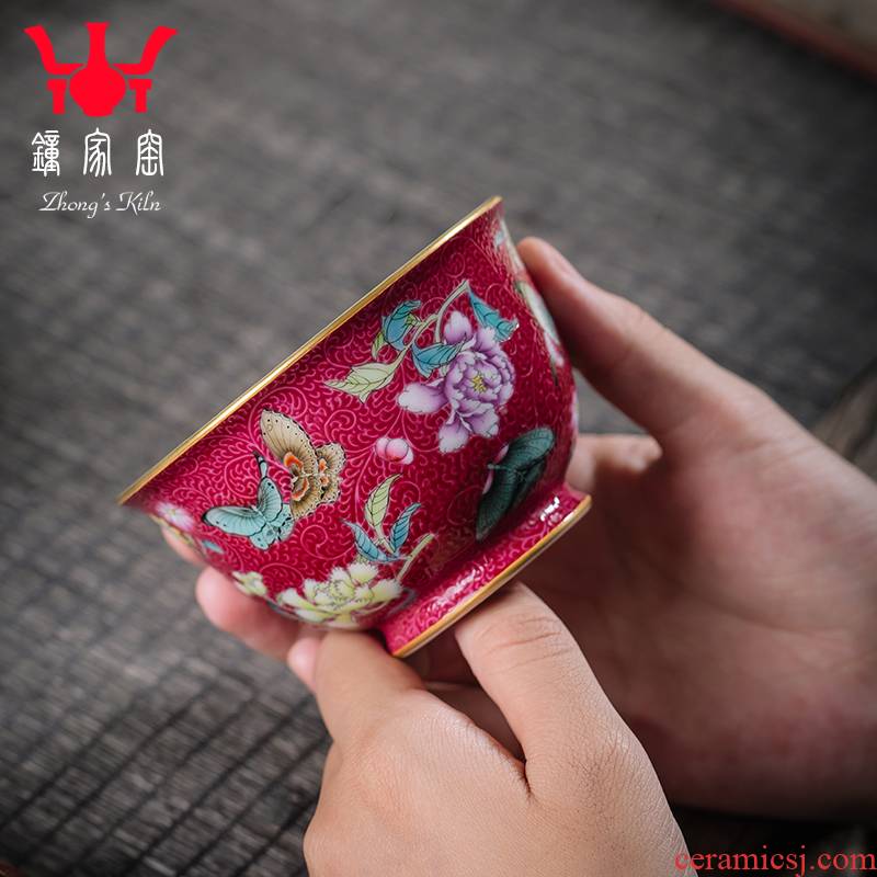 Clock home high - end masters cup jingdezhen up manually pastel carmine to pick flowers pressure hand cup kung fu tea cups