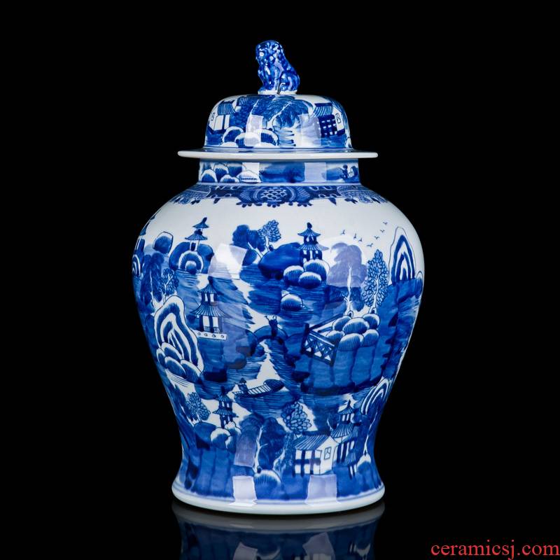 Jingdezhen blue and white porcelain ceramic tank mesa household act the role ofing is tasted furnishing articles furnishing articles of lions general sitting room porch