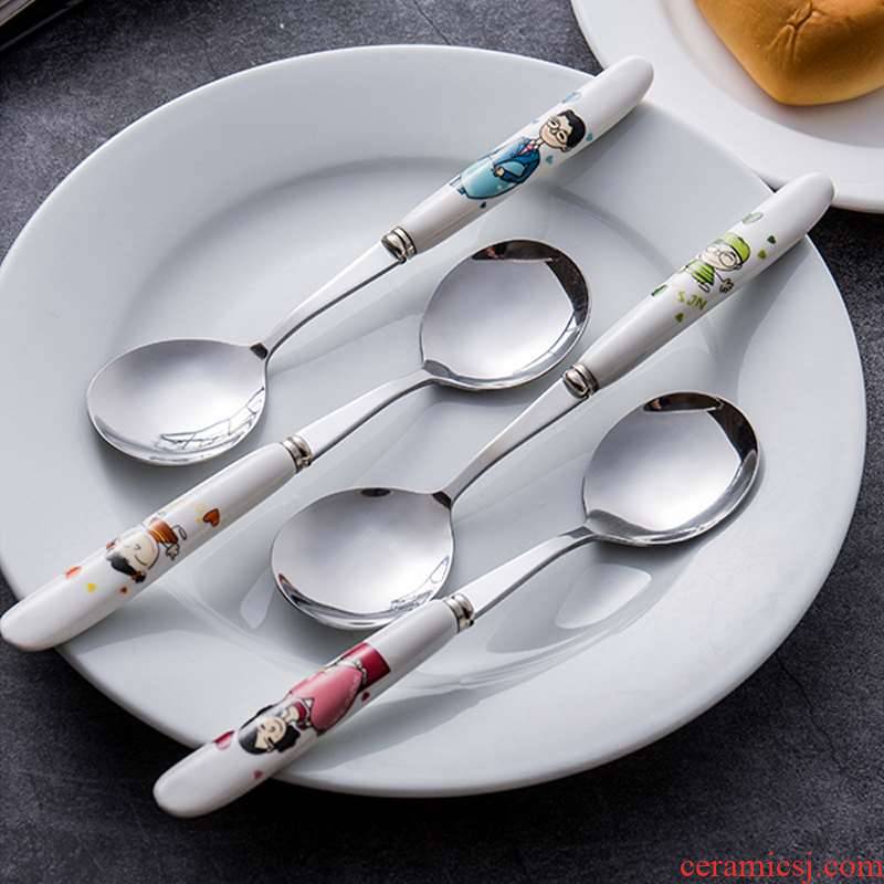 Ceramic handle stainless steel spoon, creative cartoon household long - handled spoon, spoon, run watermelon for dinner