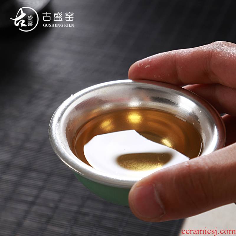 The ancient ocean 's sheng up new gift boxes celadon tasted silver gilding move cup sample tea cup ceramic masters cup single cup by hand