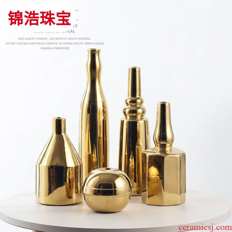 Nordic light ins style key-2 luxury gold ceramic vases, soft adornment electroplating modern creative home furnishing articles arts and crafts