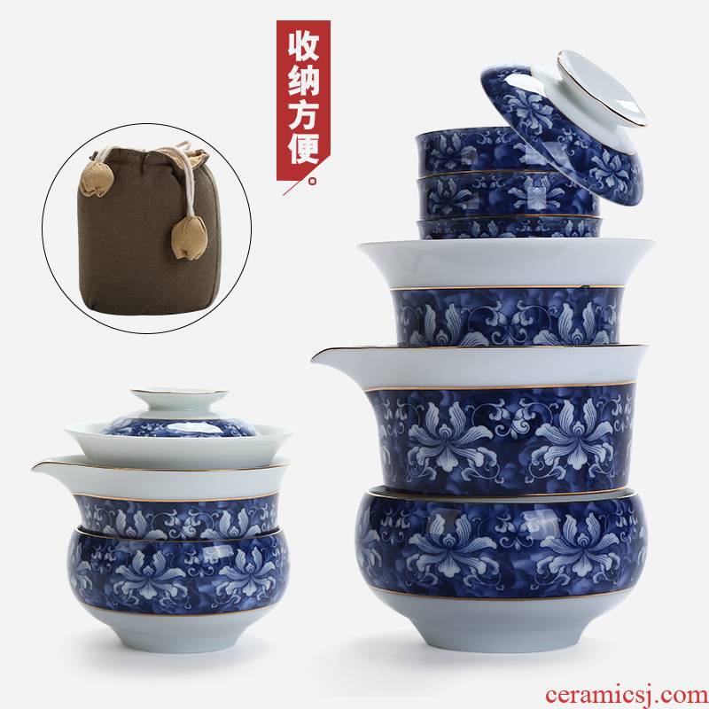 Crack of blue and white porcelain cup a pot of 2 cup travel outside the kung fu tea set suit portable BaoHu teapot filter cups