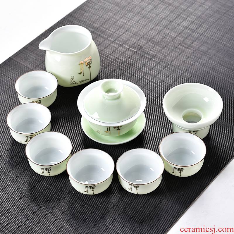 Hui shi kung fu tea set tea service of a complete set of hand - made of ceramic tureen teapot tea cups sea celadon household