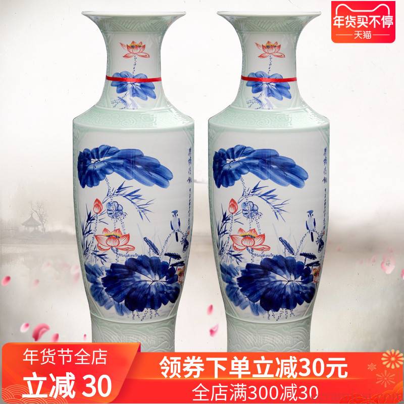 Jingdezhen ceramics hand - made landing big blue and white porcelain vase home sitting room hotel furnishing articles craft gift