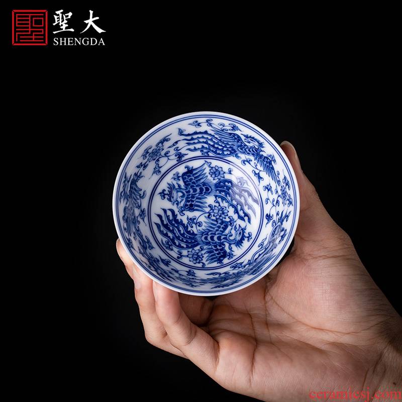 Holy big ceramic kung fu tea sample tea cup five phoenix design masters cup of jingdezhen blue and white painting of bound branch tea by hand