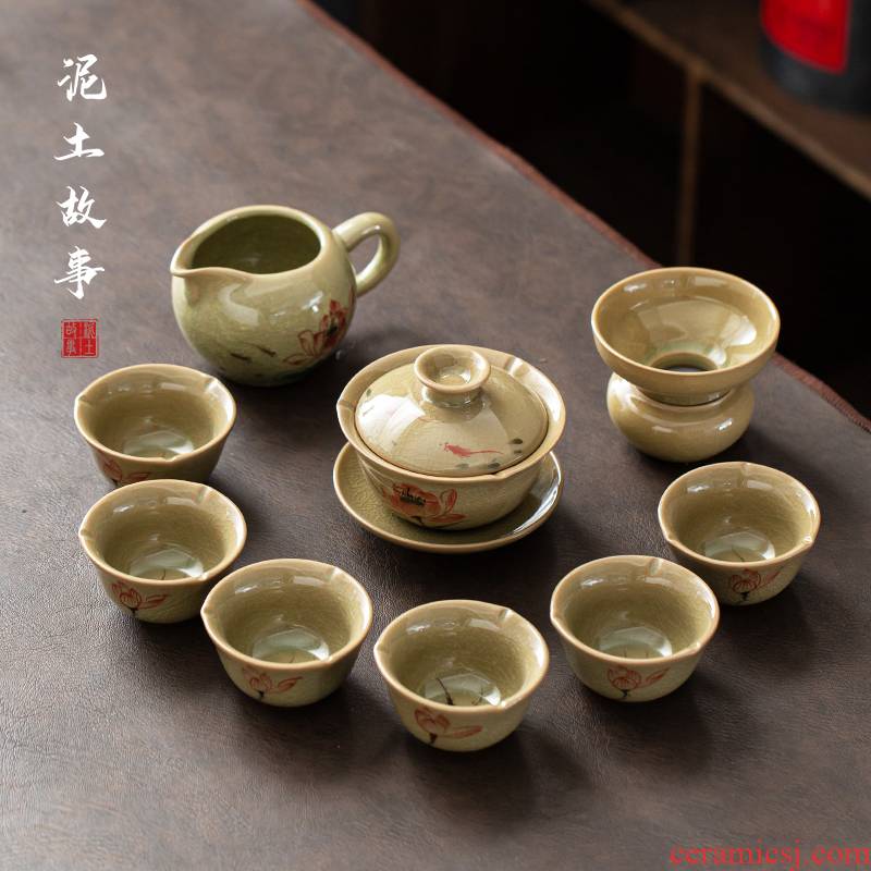 Jingdezhen hand - made lotus tureen ice cracked piece of kung fu tea set suit household contracted teapot teacup ceramics