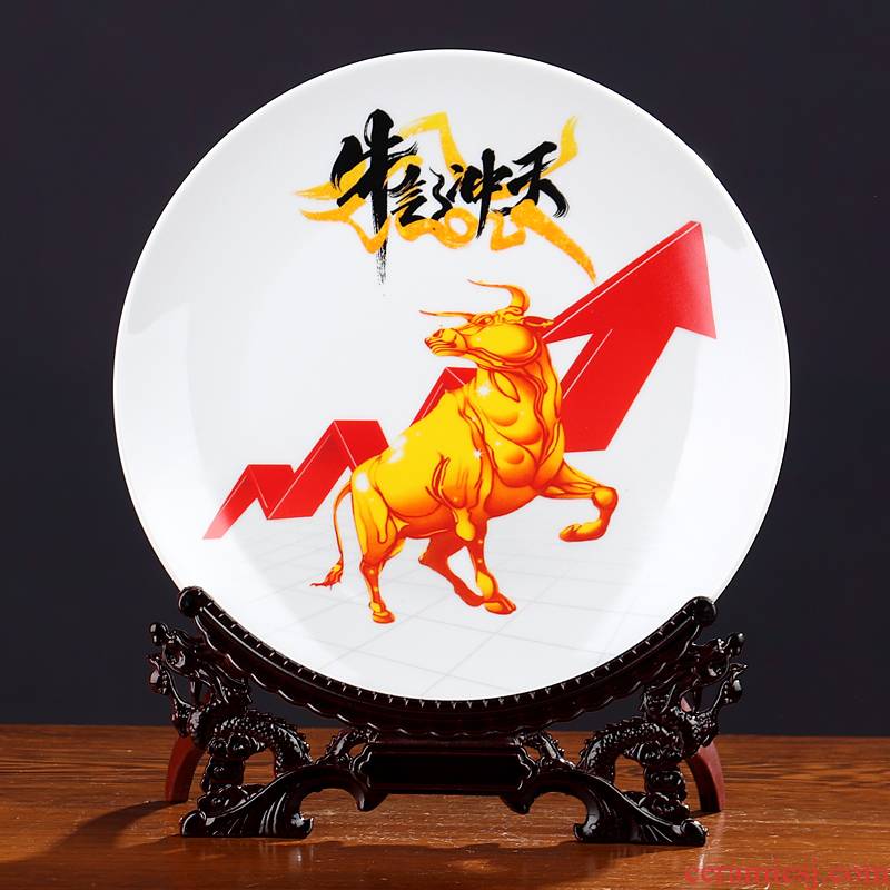 The year of The ox lucky plate and The stock market wine sitting room adornment furnishing articles rich ancient frame craft gift of jingdezhen ceramics