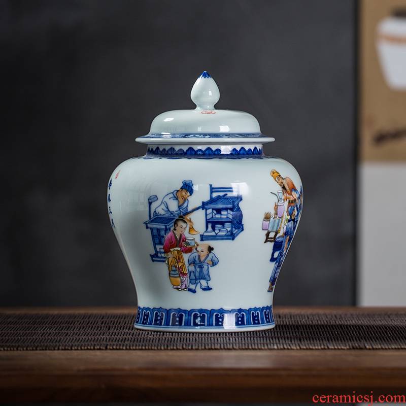 General owl up jingdezhen blue and white color bucket high - grade tea pot archaize furnishing articles all checking ceramic large - sized caddy fixings