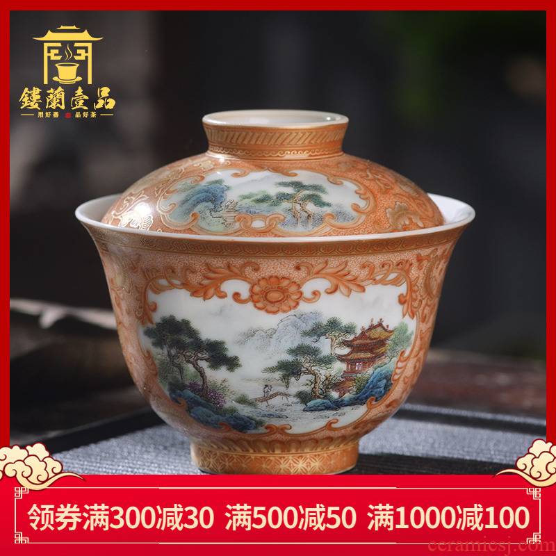 Jingdezhen ceramic hand - made famille rose red see colour alum double window scenery all three just two just tureen tea bowl