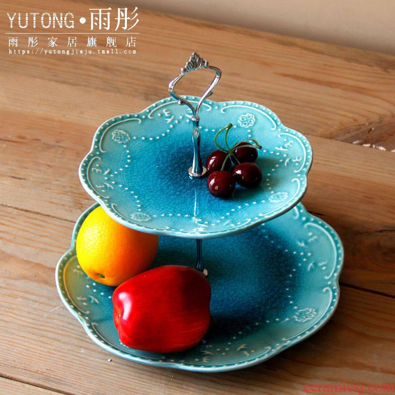 Continental ice crack glaze ceramic double compote creative I sitting room key-2 luxury home afternoon tea tea table plate