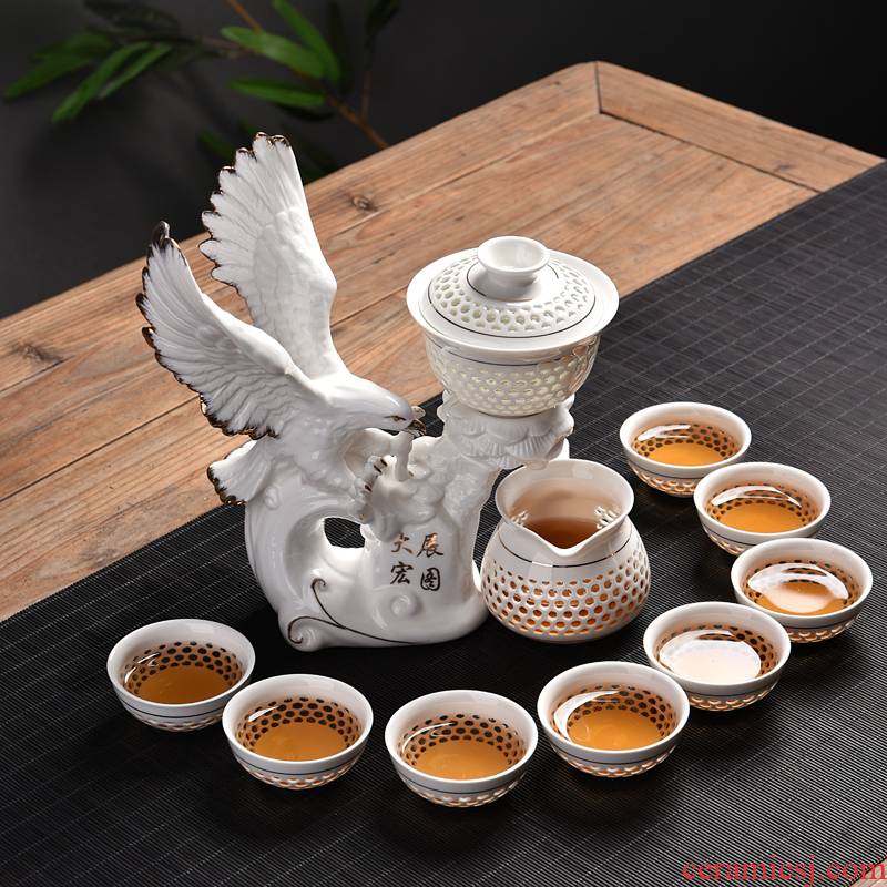 Hui shi semi automatic water ceramic tea set and exquisite hollow out tureen lazy time blunt tea cups