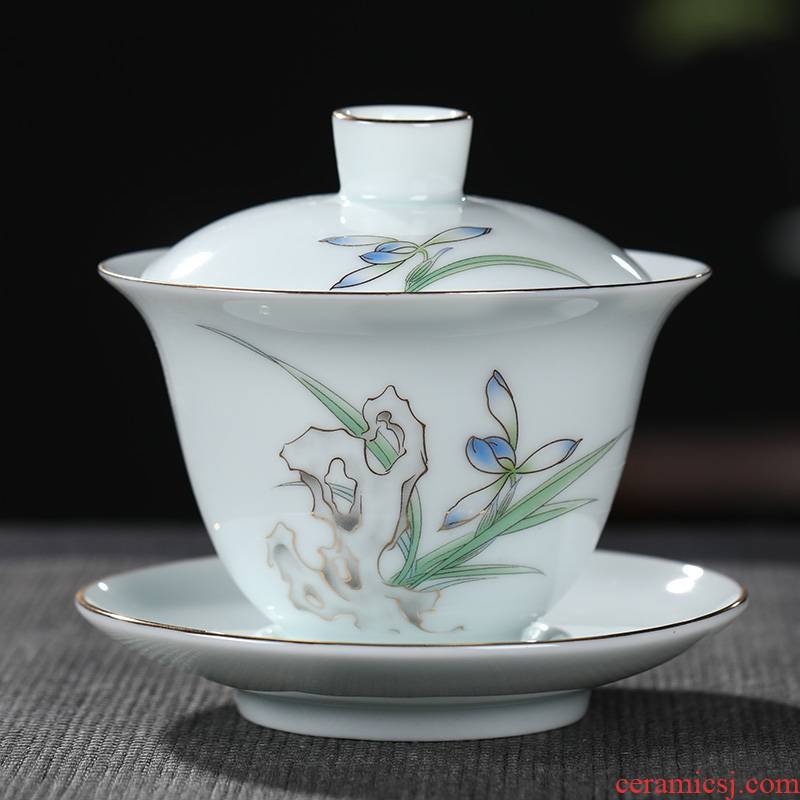 Jingdezhen ceramic tureen single bluish white porcelain tureen only three to use hand grasp the hand - made kung fu tea tea tea bowl