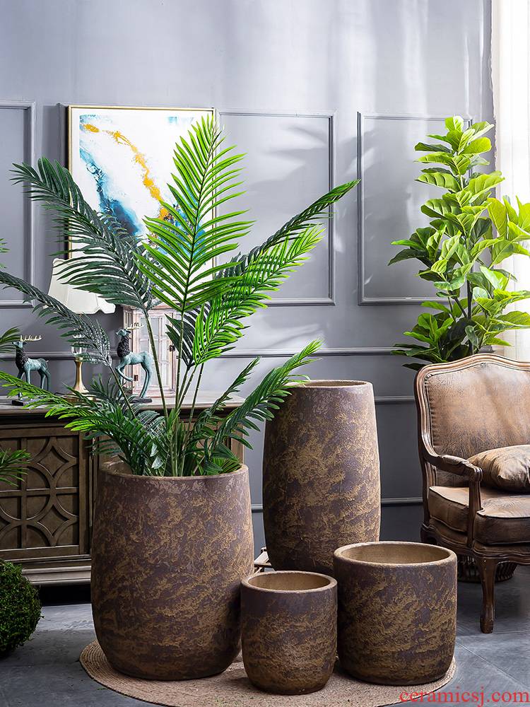Retro coarse pottery flower vase furnishing articles sitting room interior decoration new Chinese be born ceramic green plant cylinder large flower pot