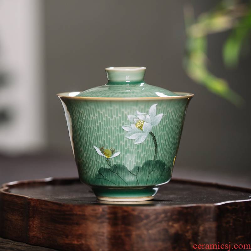 The Owl up jingdezhen kung fu tea tea bowl name plum green glaze manual hand - made ceramic cups water chestnut tureen