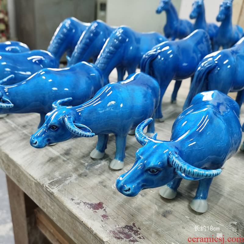 Jingdezhen blue cow porcelain ceramic horse furnishing articles furnishing articles 18 cm long horse