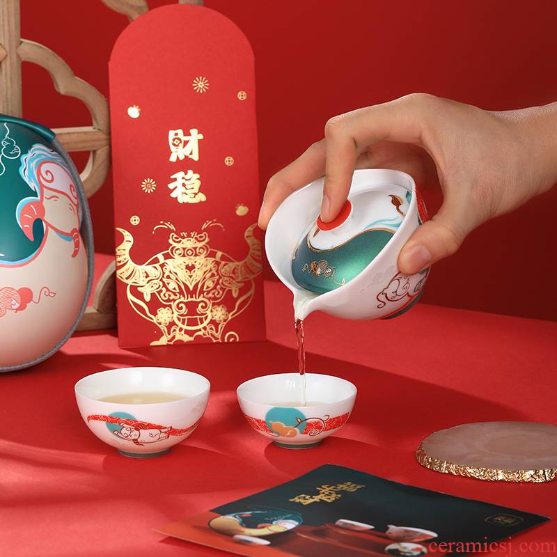 Fu cattle to send goods a ceramic pot two kung Fu tea set household crack cup teapot with gift boxes