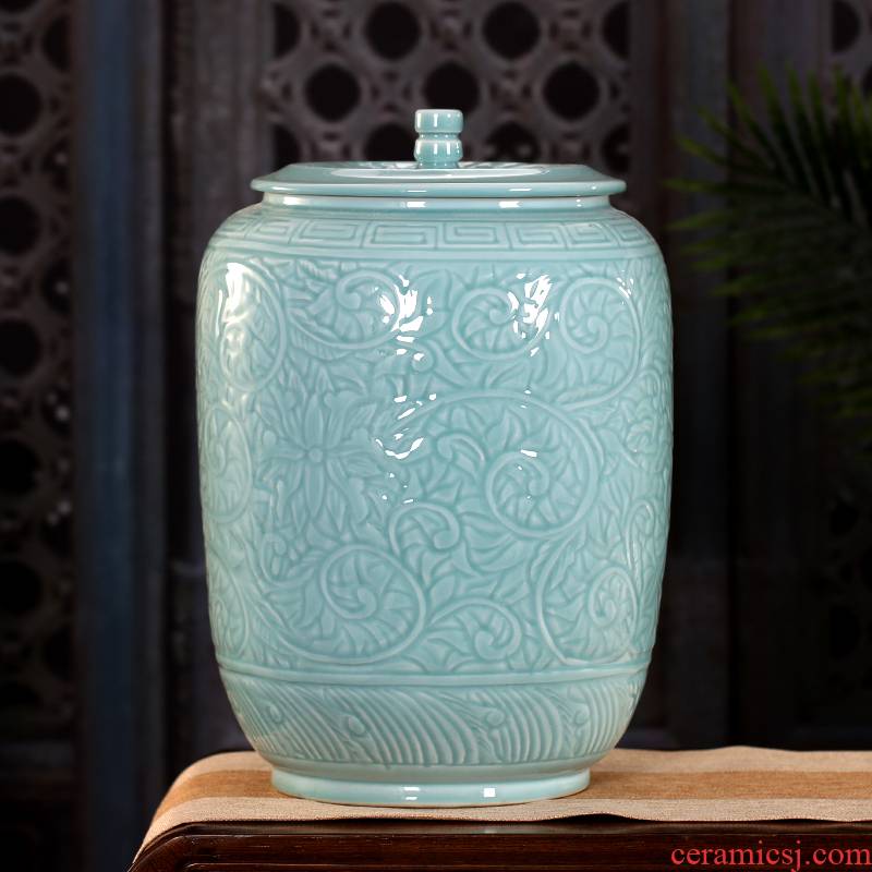 Jingdezhen ceramic film single glaze green storage tank kimchi cylinder barrel kitchen receive product manual art furnishing articles