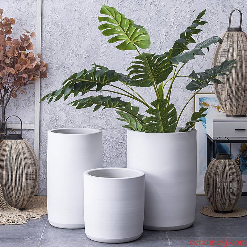 Large diameter circular ceramic light white flower pot high - end key-2 luxury Nordic I and contracted sitting room ground vase imitation of cement