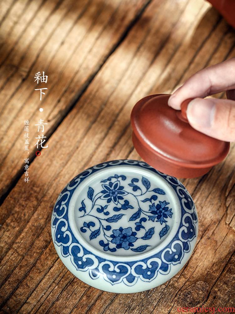 Jingdezhen ceramic cup mat cup pure manual blue tie up lotus flower cover set it cover bracket pot of tea accessories